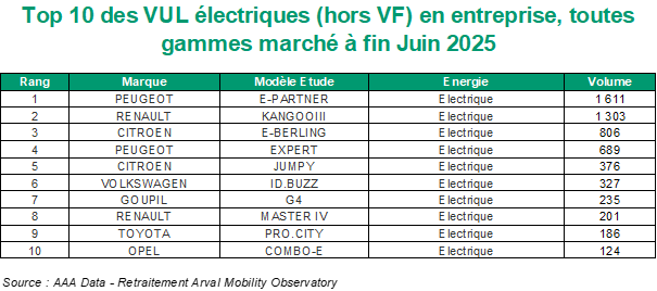 Top VUL électriques en flottes S1 2025